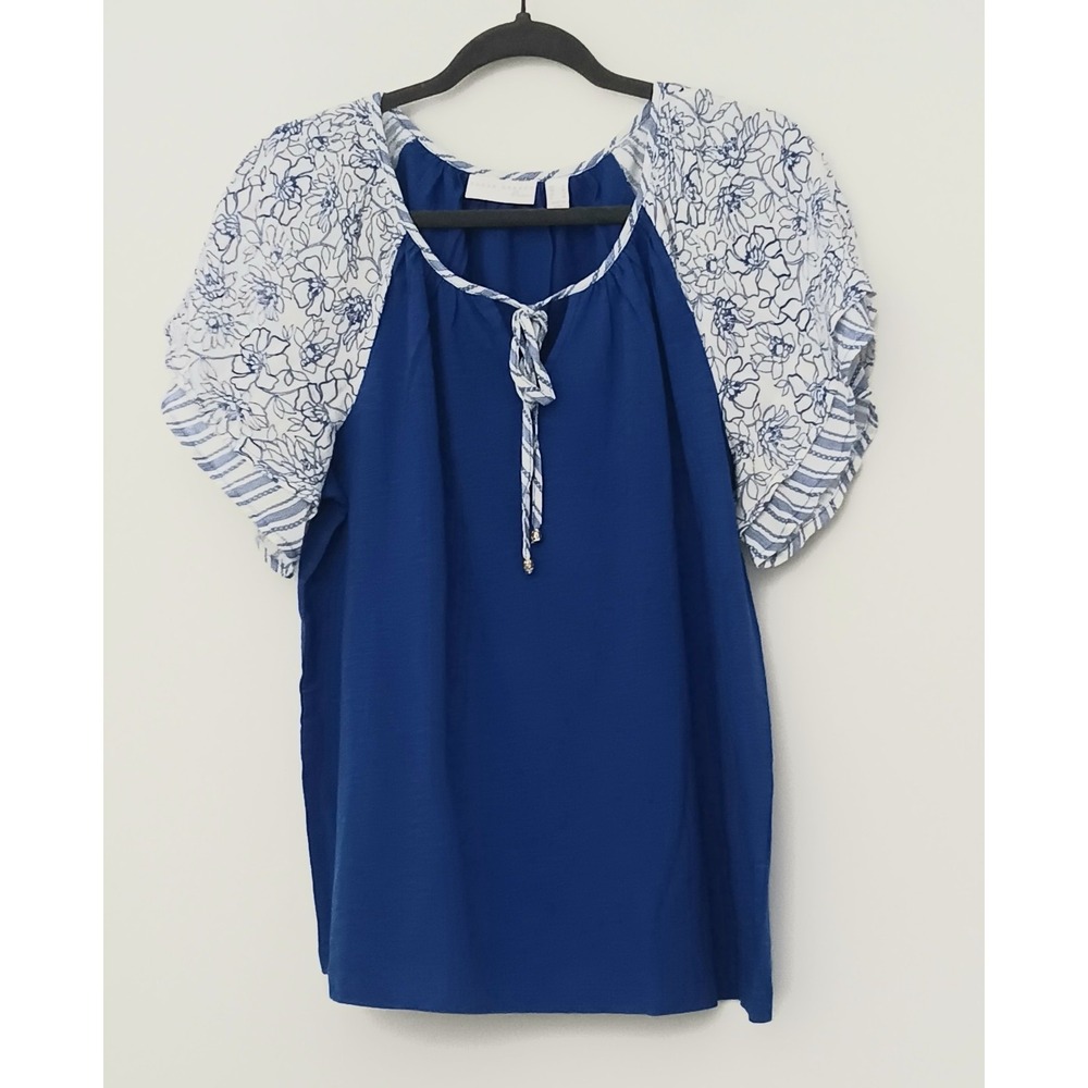 Susan Graver Top Women's Size S Pure Cotton Slub Knit Blue Short Sleeve Ties New